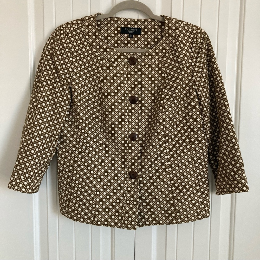 Talbots Button Front Jacket 12P Brown White Geometric Print 100% Cotton Office